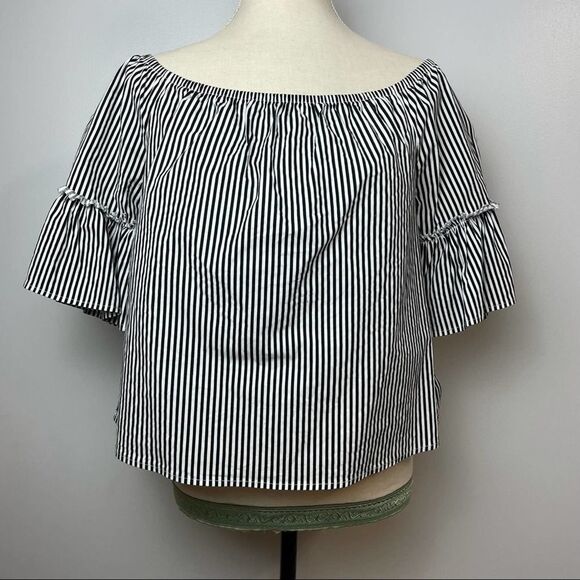 Ambiance Black & White Striped Strapless Off The Shoulder Blouse Short Sleeve M - Picture 10 of 10